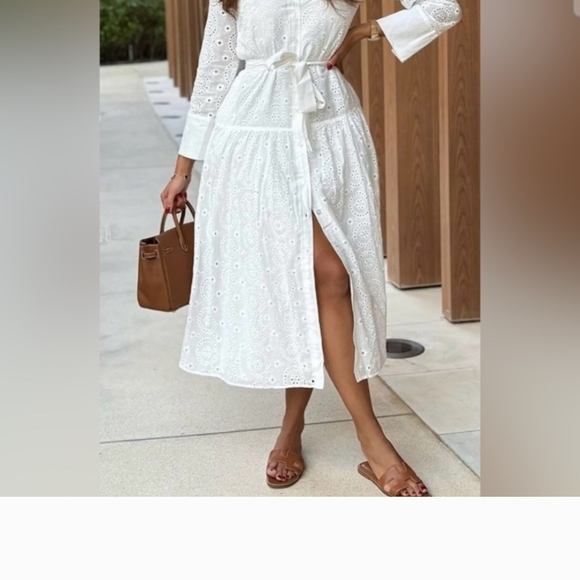 White Eyelet Button-Up Dress With Tie Belt B - Picture 5 of 11